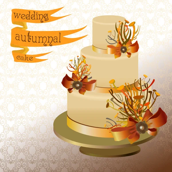 Wedding cake with autumn twigs. Golden, orange yellow design. — 스톡 벡터