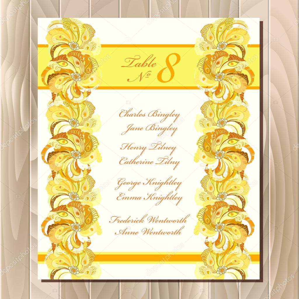 Table guest list. Vector background peacock feathers. Wedding design template.
