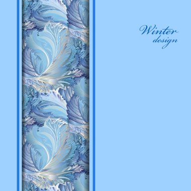 Blue vertical border winter frozen glass background. Text place.