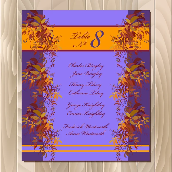 Table guest list. Autumn wild grape background. Wedding design template. — ストックベクタ