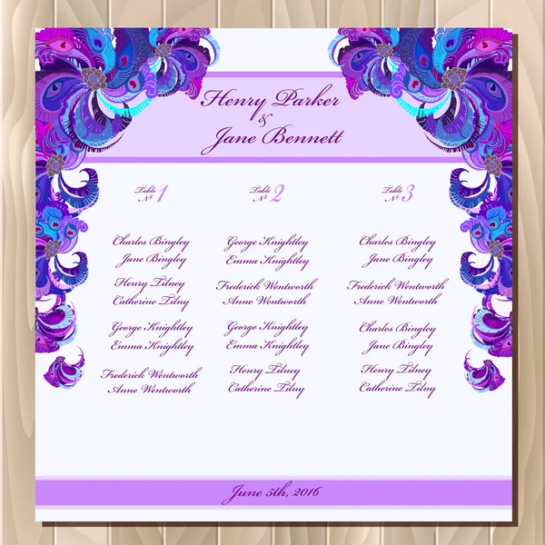 Table guest list. Vector background peacock feathers. Wedding design template. — ストックベクタ