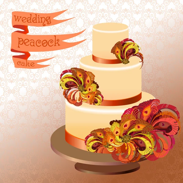 Gâteau de mariage avec plumes de paon. Design jaune doré . — Image vectorielle