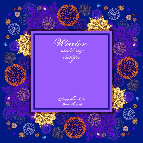 Cadre de mariage d'hiver avec flocons de neige rouges et bleus . — Image vectorielle