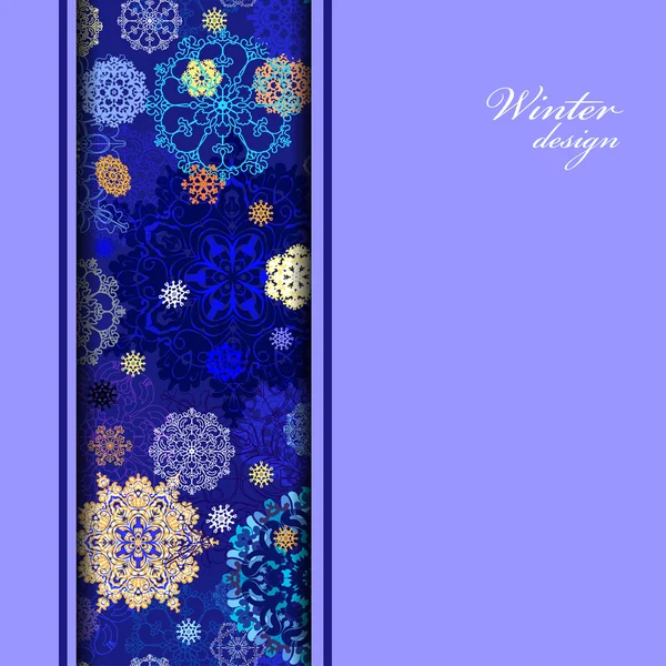 Diseño de invierno con copos de nieve dorados y azules sobre fondo oscuro . — Vector de stock