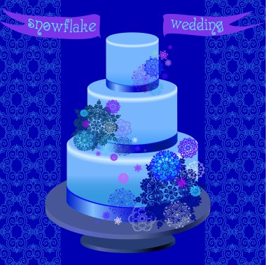 Wedding cake with winter snowflakes design. Vector illustration.