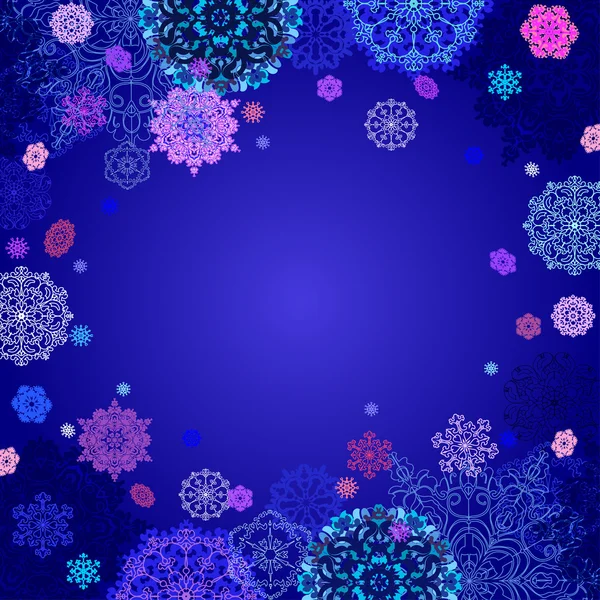 Winterdesign mit rosa und blauen Schneeflocken auf dunklem Hintergrund. — Stockvektor
