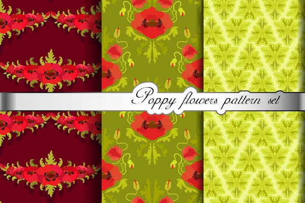 Poppy flowers pattern background set. Vector illustration. — Wektor stockowy