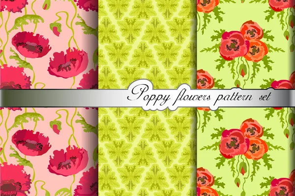 Poppy flowers pattern background set. Vector illustration. — Wektor stockowy