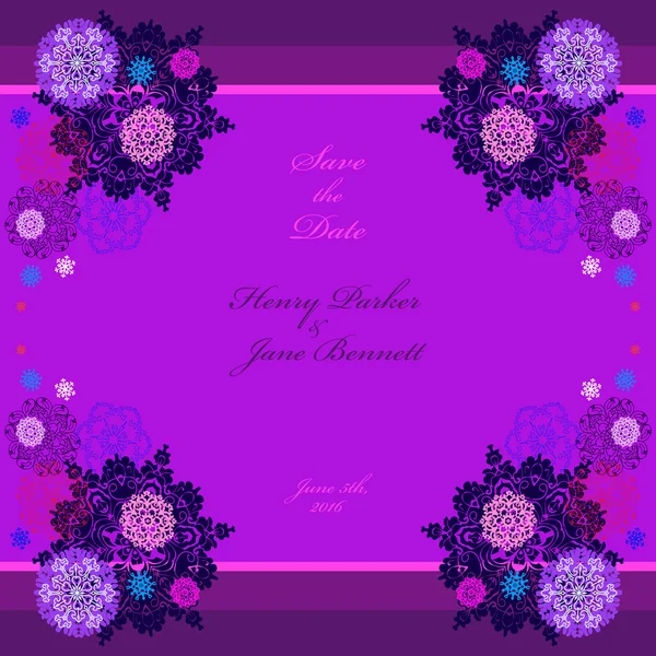 Cadre de mariage d'hiver avec des flocons de neige violets et bleus . — Image vectorielle