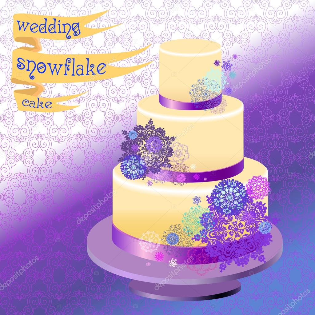 Wedding cake with winter snowflakes design. Vector illustration.