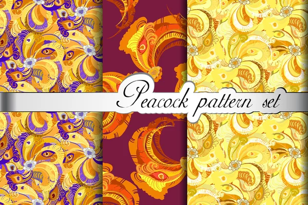 Gold orange peacock feathers abstract seamless patterns set, vector illustration — Wektor stockowy