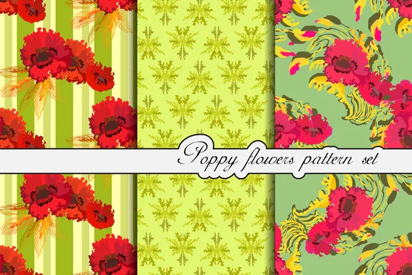 Poppy flowers pattern background set. Vector illustration. — 스톡 벡터