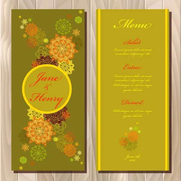 Golden snowflakes design wedding menu card. Wedding Vector illustration — Stok Vektör