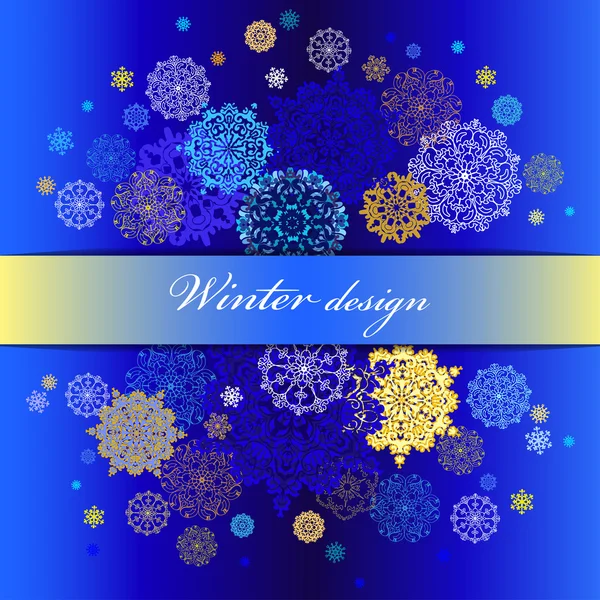 Зимовий дизайн з золотими та блакитними сніжинками на темному фоні . — стоковий вектор