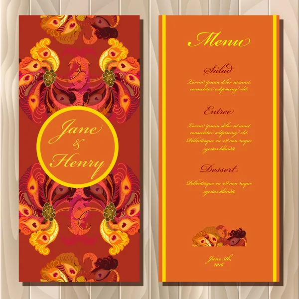 クジャクの羽結婚式メニュー カード。印刷可能なベクター イラスト — ストックベクタ