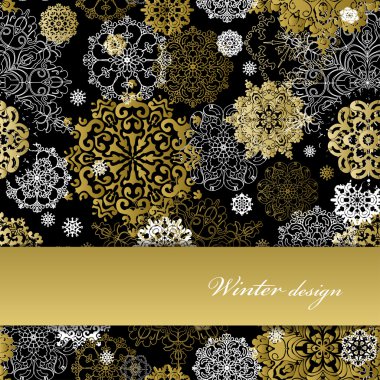 Winter design with golden white snowflakes on black background.