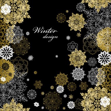 Winter design with golden white snowflakes on black background.