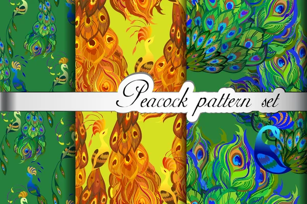 Abstract seamless patterns set, gold green peacock feathers. Vector illustration