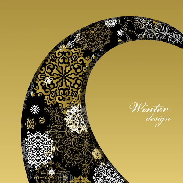 Design de inverno com flocos de neve brancos dourados no fundo preto . — Vetor de Stock