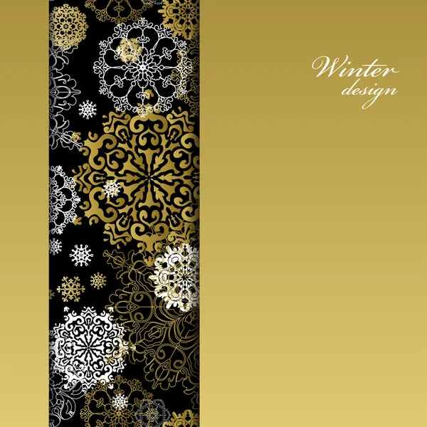 Winter design with golden white snowflakes on black background. — Stock Vector