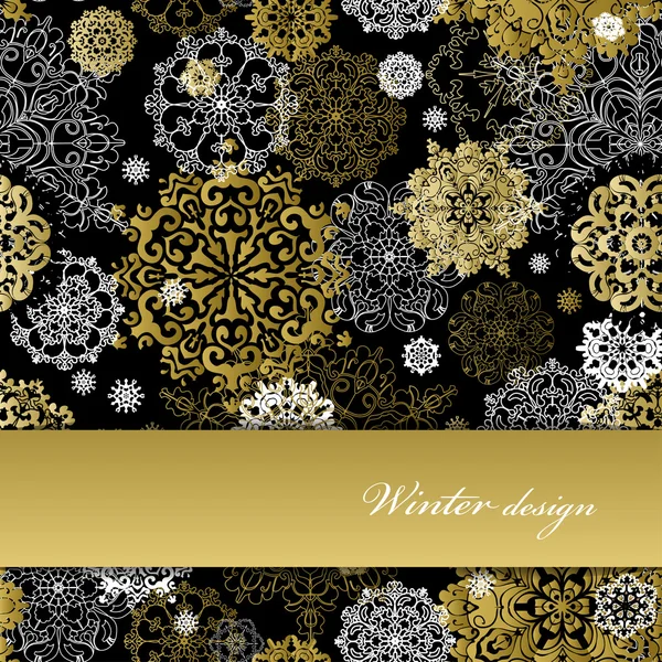 Winter-Design mit goldenen weißen Schneeflocken auf schwarzem Hintergrund. — Stockvektor
