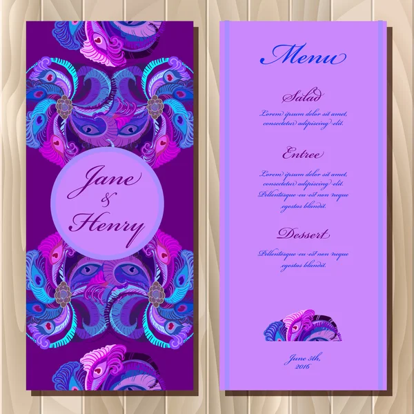 Peacock penas cartão de menu de casamento. Ilustração vetorial imprimível —  Vetores de Stock