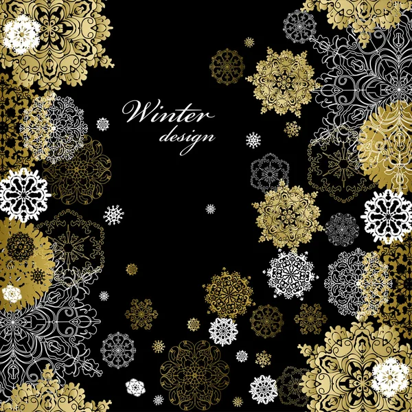 Winter design with golden white snowflakes on black background. — Wektor stockowy
