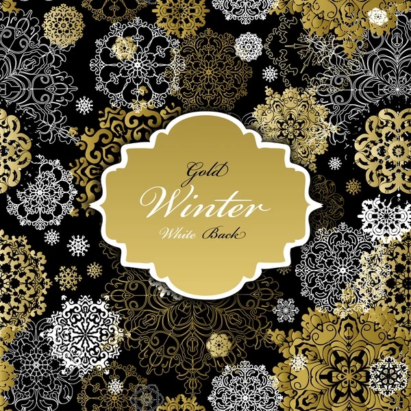 Seamless pattern with golden white snowflakes text  label. — Wektor stockowy