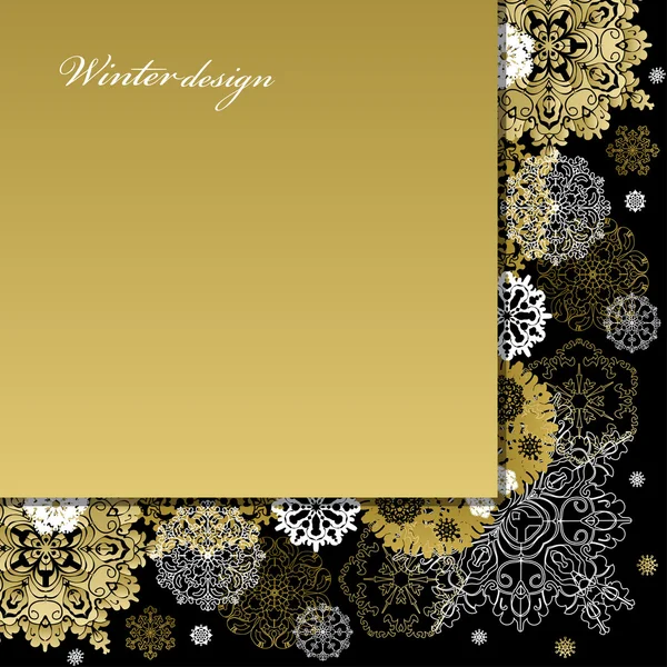 Winter design with golden white snowflakes on black background. — Stockový vektor