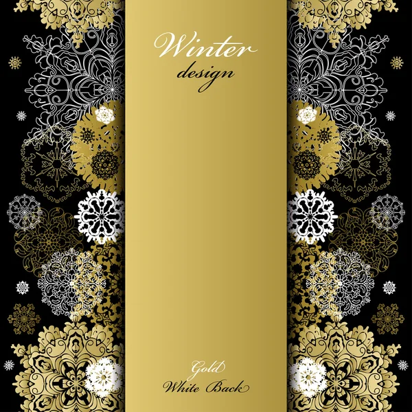 Winter design with golden white snowflakes on black background. — Wektor stockowy