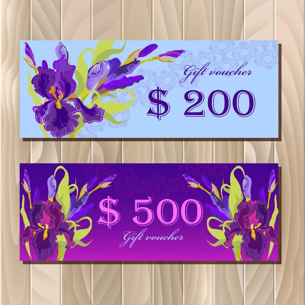 Подарунковий сертифікат шаблон друкованої картки з фіолетовим дизайном квітів райдужки . — стоковий вектор