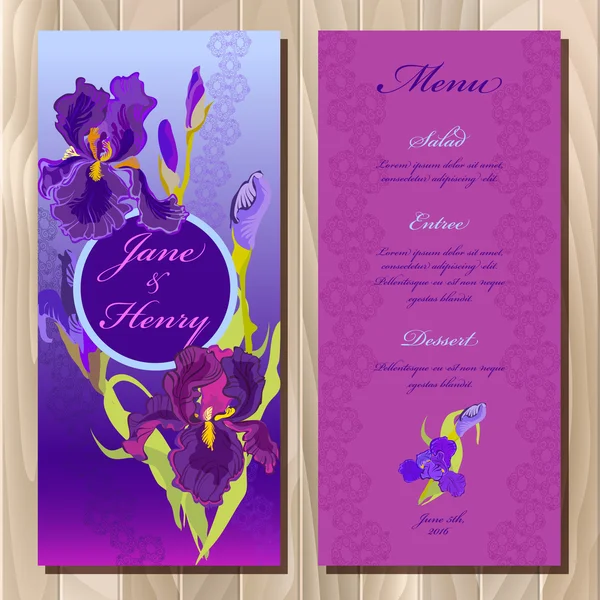 Iris flower wedding menu card. Printable Vector illustration — Διανυσματικό Αρχείο