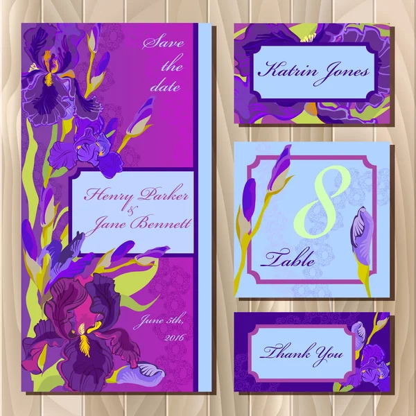 Wedding card design with purple iris flowers. Printable vector illustration — Διανυσματικό Αρχείο