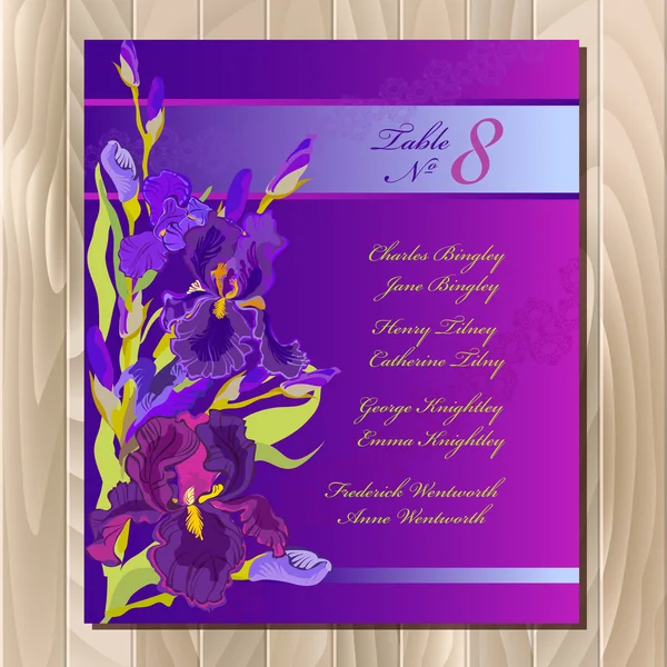 Lista de convidados da mesa. Fundo com flores de íris roxas. Modelo de casamento . —  Vetores de Stock