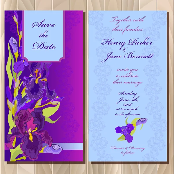 Wedding invitation card with purple iris flower background. Vector illustration — ストックベクタ