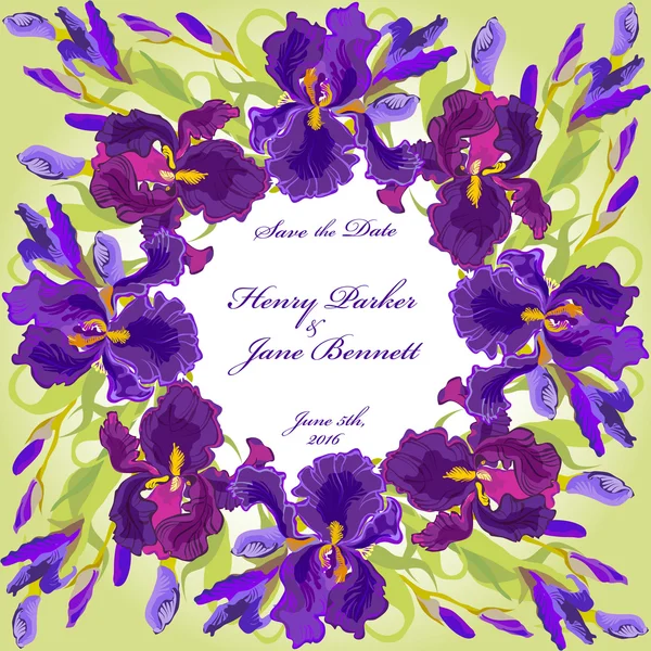 Wedding card with purple iris flower wreath background. Vector illustration — 图库矢量图片