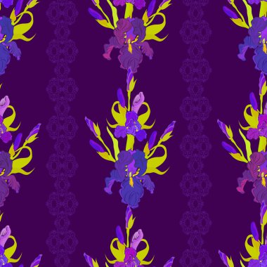 Floral dark seamless pattern. Flower iris background.