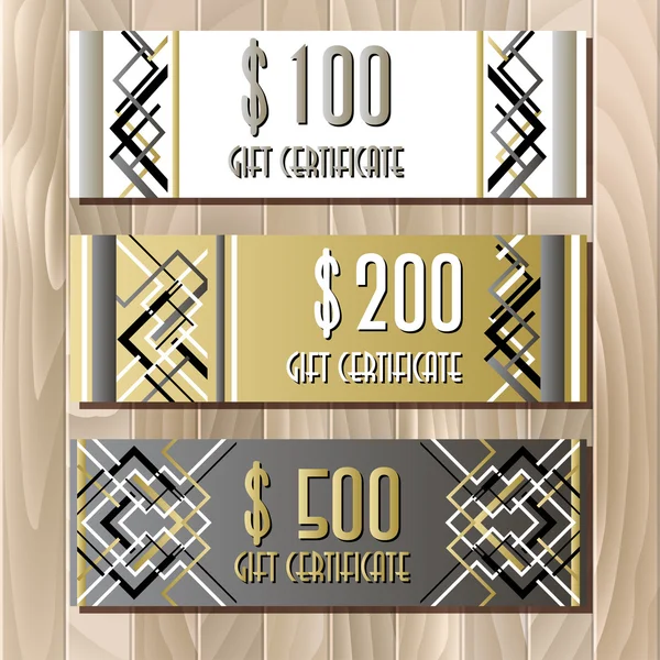 Golden silver gift certificate template in art deco outline style — Stock Vector