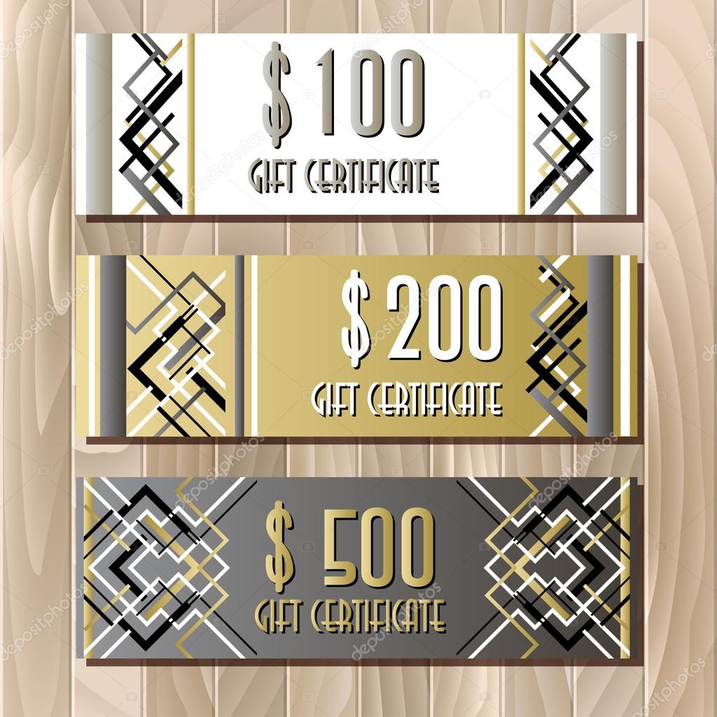 Golden silver gift certificate template in art deco outline style