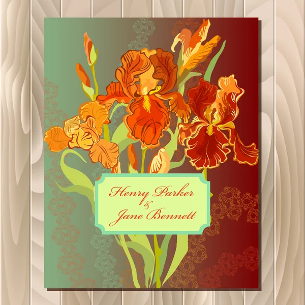 Carte de mariage avec iris rouge fond de couronne de fleurs. Illustration vectorielle — Image vectorielle