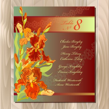 Table guest list. Background with red iris flowers. Wedding template.