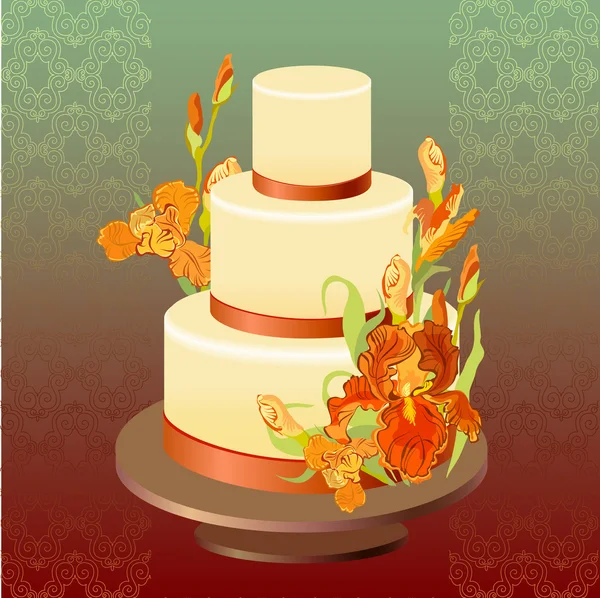 赤色アイリスの花のデザインでウェディング ケーキ。ベクトル図. — ストックベクタ