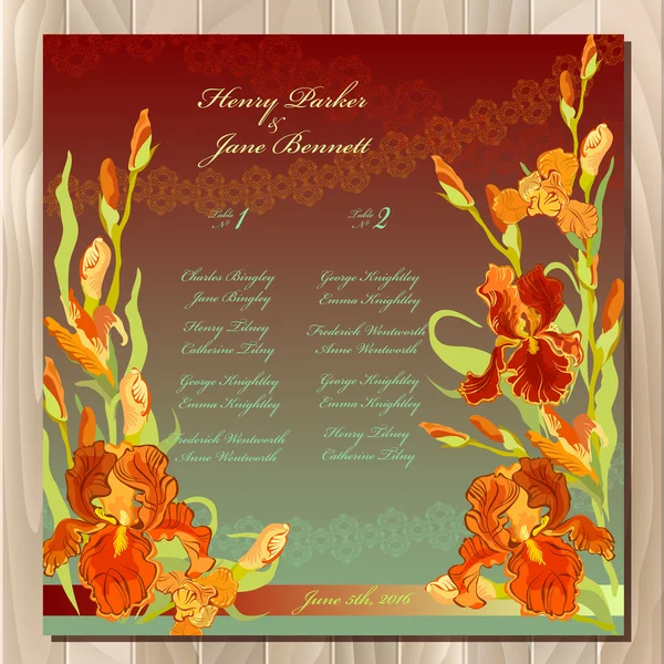 Table guest list. Background with red iris flowers. Wedding template. — ストックベクタ