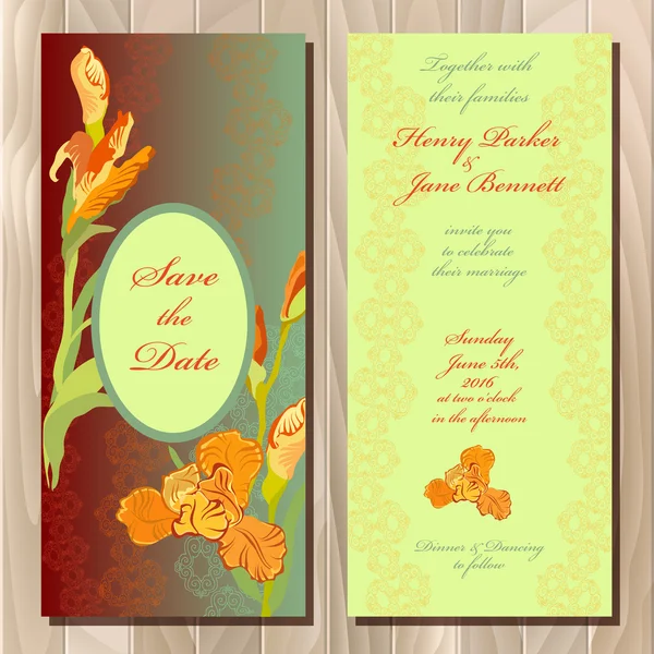 Wedding invitation card with red iris flower background. Vector illustration — Stok Vektör