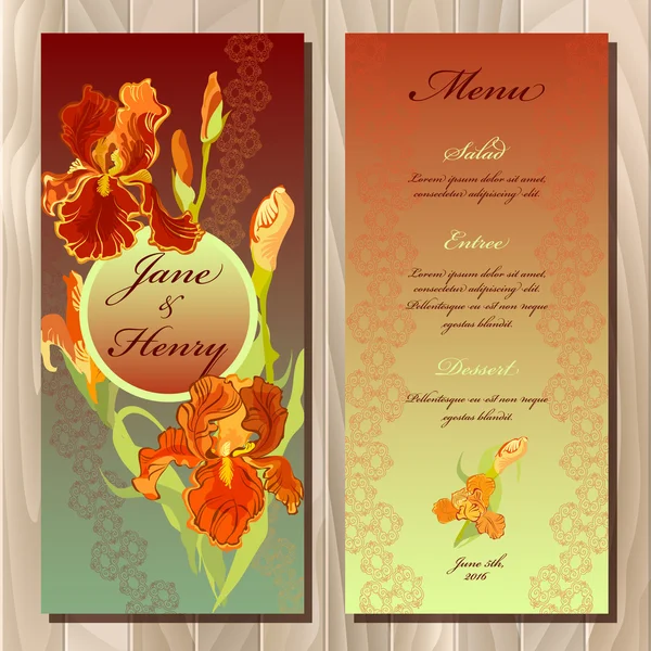 Iris flower wedding menu card. Printable Vector illustration — ストックベクタ