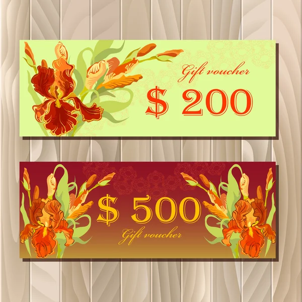 Gift certificate printable card template with red iris flower design. — Stock Vector