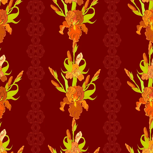 Floral seamless pattern. Red iris flower background. — 스톡 벡터