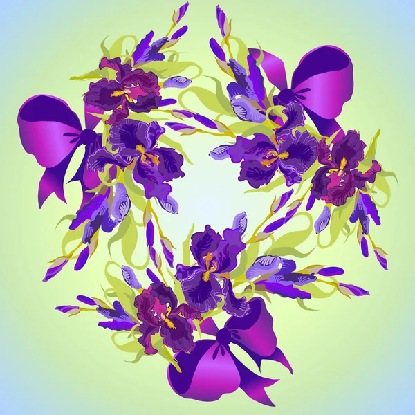 Wedding card with violet iris flower wreath background. Vector illustration — 스톡 벡터