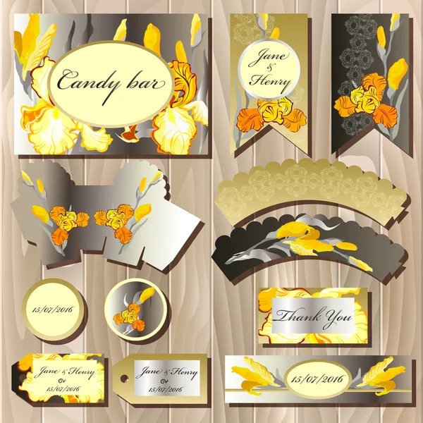 Candy bar design de casamento conjunto com flores da íris . — Vetor de Stock