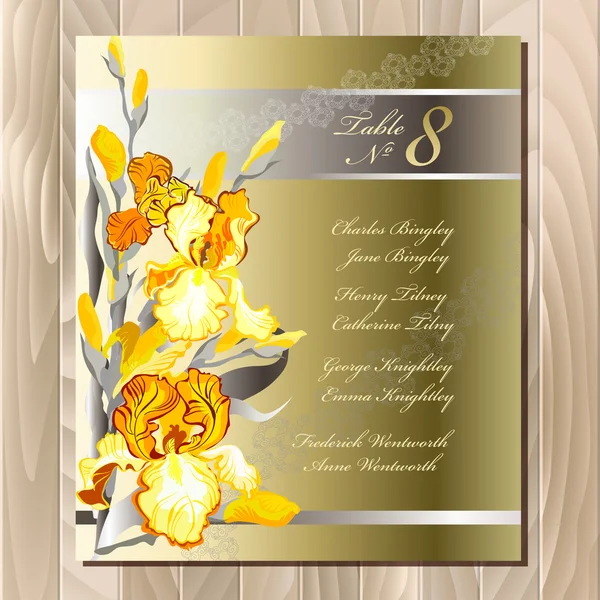 Table guest list. Yellow iris flowers design. — 图库矢量图片